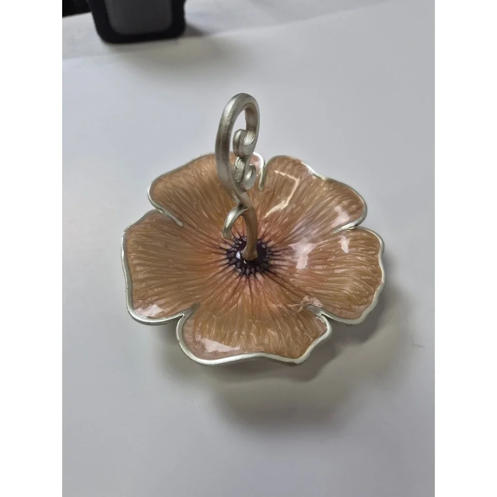 Cynthia Rowley Flower Ring Holder Enameled Peach Silver Tone Scroll Vanity Tray